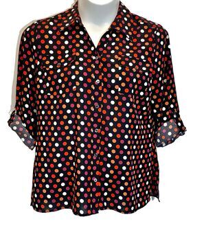 Elementz Blouse Womens Size Large Black Polka Dot Button Up Long Roll-Tab Sleeve